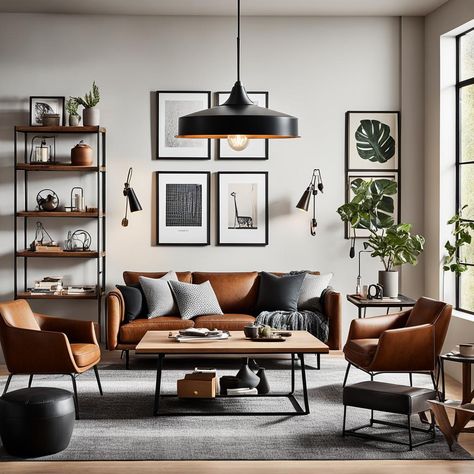 metal and wood industrial accents Industrial Chic Interior Living Rooms, Industrial Room Decor, Industrial Small Living Room, Industrial Modern Decor, Industrial Home Office Design, Estilo Industrial Chic, Style Living Room Ideas, Industrial Style Interior Design, Industrial Accents