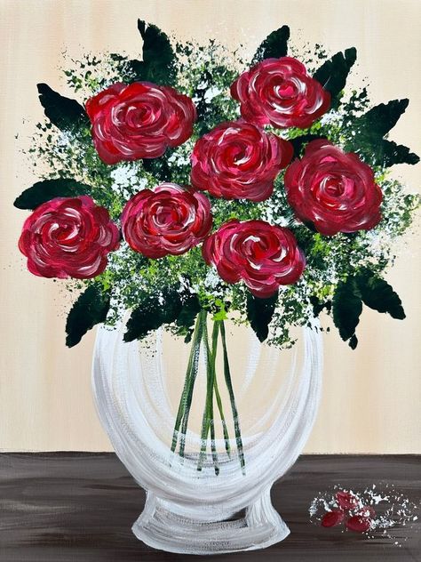 Rose Bouquet Painting Acrylic, Rose In Vase Painting, Bouquet Of Roses Painting, Simple Rose Painting Acrylic, Rose Canvas Painting Easy, Flower Vase Painting Easy, Simple Rose Painting, Easy Rose Painting, Rose Bouquet Painting