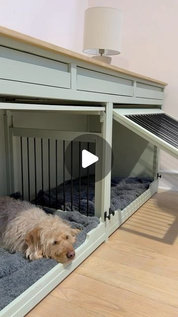 Built In Cabinet Dog Kennel, Laundry With Dog Kennel, Base Cabinet Dog Crate, Built In Desk With Dog Crate, Dog Storage Closet, Dog Home Decor Ideas, Diy Dog Crate Furniture How To Build, Built In Dog Kennel Laundry Room, Hidden Dog Crate