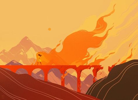 Samantha Mash, Bridge Art, Burning Bridges, Flame Art, Autumn Illustration, Arte Cyberpunk, Fire Art, Freelance Illustrator, College Art