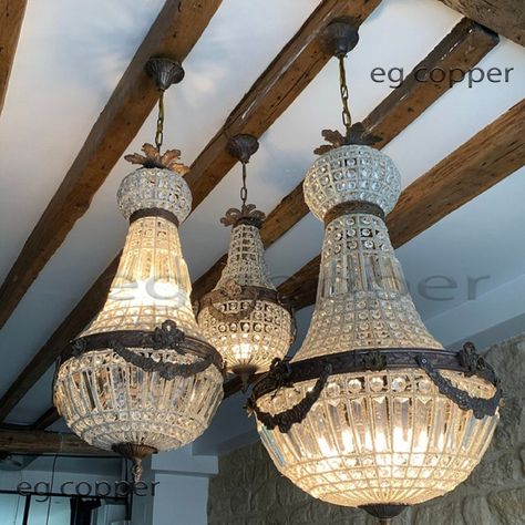 French Vintage Antique Basket Crystal Garland Chandelier Conical Cottage Chandelier, French Country Light Fixtures, Chandelier Diy Crystal, Garland Chandelier, Country Light Fixtures, French Empire Chandelier, Antique Basket, Chandelier For Kitchen, French Country Chandelier