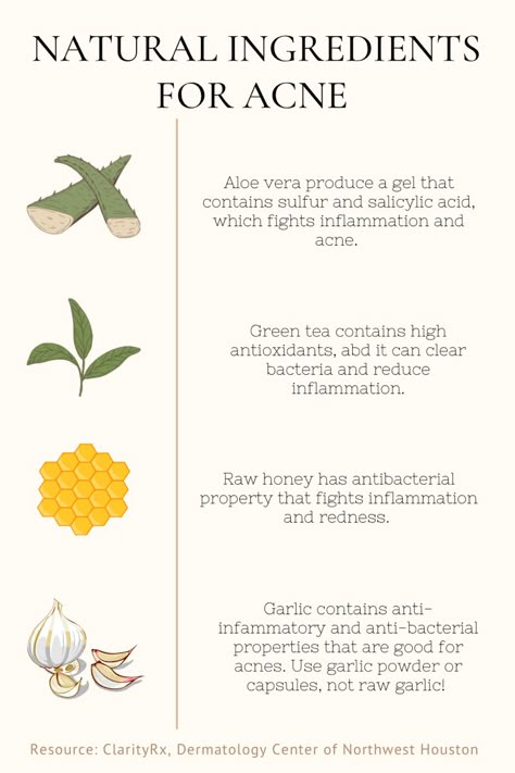 Showing natural ingredients beat for acnes, including aloe Vera, green tea, honey, and garlic. Garlic For Acne, Organic Skin Care Recipes, Natural Skin Care Ingredients, Skin Care Ingredients, Healthy Hormones, Good Skin Tips, Beauty Natural, Organic Health, Skin Care Recipes