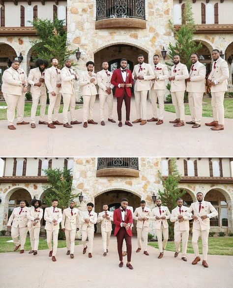 Red And Khaki Wedding Theme, Maroon And Khaki Wedding, Black And White Hint Of Red Wedding, Red Wedding Party Groomsmen, Cream And Burgundy Suit, Red White And Tan Wedding Idea, Red White And Gold Wedding Bridesmaid Dresses, Red Wine And Champagne Wedding, Red And Gold Wedding Groomsmen