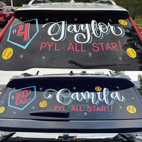 The cutest freakin gig! Softball Tournament Windows!! Thank you so much to the adorable and incredibly kind parents of @pylgsasoftball for inviting me out! The cars looked SO cool all together! I hope those PYL ALL STARS have an epic tournament! 🥎💕 #windowart #windowlettering #letteringart #tournamentwindows #letsgowindows #softballtournament #softballtournamentwindows #pylallstars #pylallstarstournament #paintpens #handlettering All Star Car Window Paint Ideas, Softball Window Paint Ideas, Baseball Window Painting Ideas, Softball Car Window Paint Ideas, Softball All Star Ideas, Car Chalk Window Ideas, Car Window Paint Ideas, Car Window Paint, Softball Tournament