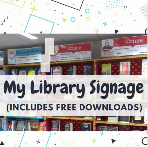 My Library Signage (& free downloads) Small School Library Design, Library Display Case Ideas, Library Book Displays Bookshelves, School Library Signage, Interactive Library, School Library Book Displays, Librarian Ideas, Elementary Librarian, School Library Decor