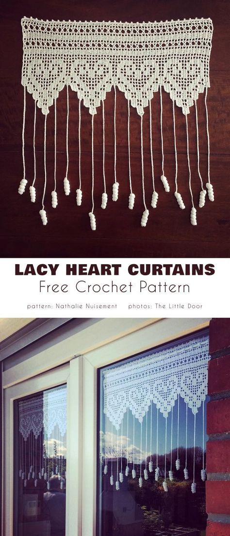 Crochet Heart Curtain, Crochet Window Valance Free Pattern, Crochet Net Curtains, Crochet Pattern Curtain, Crocheted Curtains Pattern Free, Crochet Window Curtain Free Pattern, Curtain Crochet Pattern Free, Crochet Curtain Free Pattern, Crochet Door Curtains Free Pattern