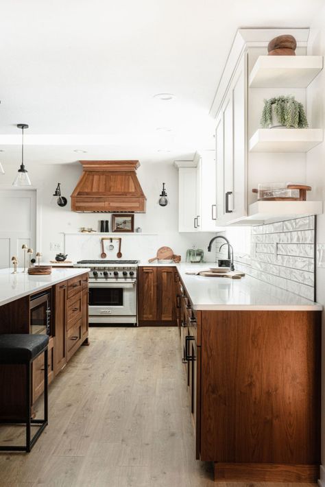 Wood Uppers White Lower Cabinets, Dark And White Cabinets Kitchen, Darker Cabinets Kitchen, Multiple Backsplash Kitchen, Kitchen Remodel Cherry Wood Cabinets, Redwood Cabinets Kitchen, Cherrywood Cabinet Kitchen Modern, Kitchen Flooring Ideas With Cherry Cabinets, Modern Cherry Wood Kitchen