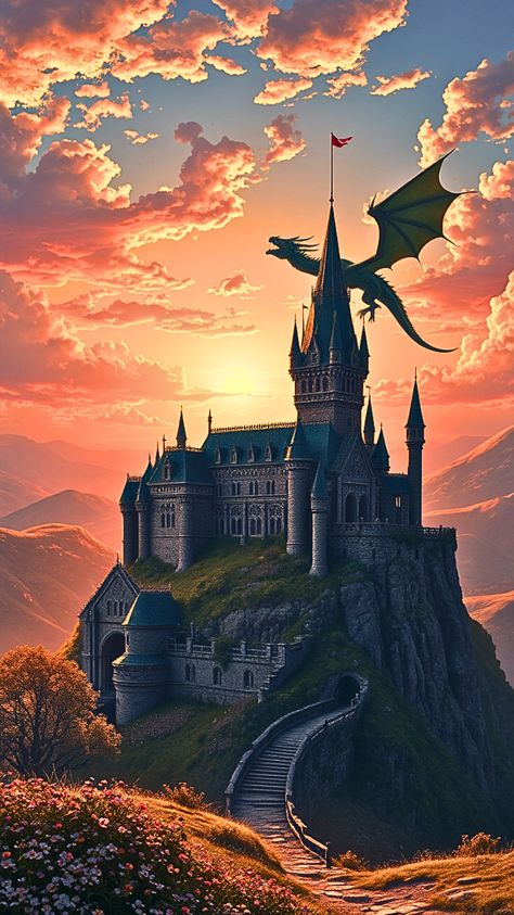 #fantasyart #fantasy #dragon #castle #aesthetic Dragon Tales Aesthetic, Dragon Castle Fantasy Art, Fantasy Landscape Castle, Dragon Fantasy Aesthetic, Princess Castle Aesthetic, Fantasy Castle Wallpaper, Castle With Dragon, Dragon Landscape, Fest Decor