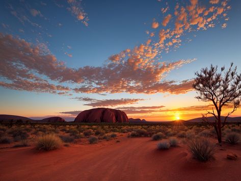 Discover Australia's Natural Beauty: Uluru at Sunset Uluru Australia, Outback Sunset, Australian Sunset, Outback Australia Landscape, Beach Sunset Australia, Australia Northern Territory, Outback Australia, Awe Inspiring, Natural Beauty