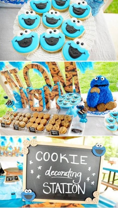 Cookie Monster/Seaseme Street party. Cookie Decorating Station, Cookie Monster Birthday Party, Monster 1st Birthdays, Cookie Monster Party, Cookie Monster Birthday, Sesame Street Birthday Party, Monster Birthday Parties, Cupcakes Decorados, Monster Theme