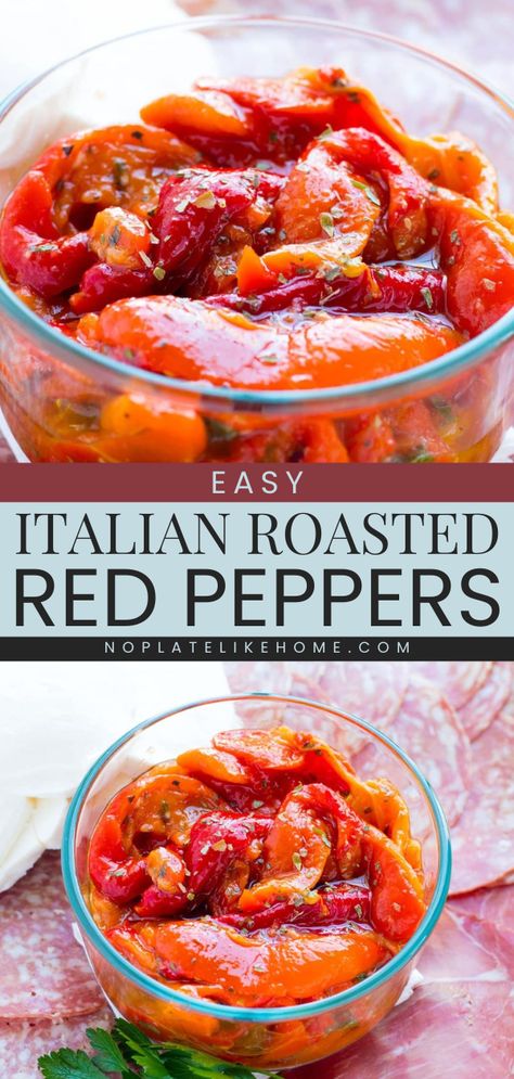 Here's an appetizer for dinner that's gluten-free, vegan, and vegetarian! It's also an easy side dish recipe. With their delicious taste, these Italian Roasted Red Peppers are sure to be a hit. Everyone will love these roasted peppers! Essen, Pickled Roasted Red Peppers, Roasted Pepper Recipes, Roasted Red Peppers Recipes, Italian Peppers, Sweet Pepper Recipes, Capsicum Recipes, Red Pepper Recipes, Roasted Capsicum