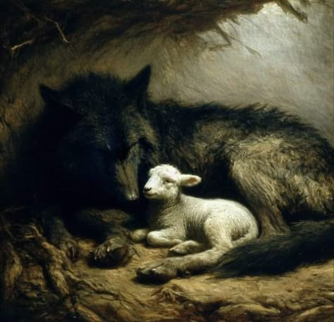 Wolf And Lamb Aesthetic, Raven Oil Painting, Wolf And Deer Art, Lamb Art Aesthetic, Wolf And Sheep Art, Wolf And Lamb Art, Lamb Aesthetic Dark, Pagan Paintings, Animal Folk Art