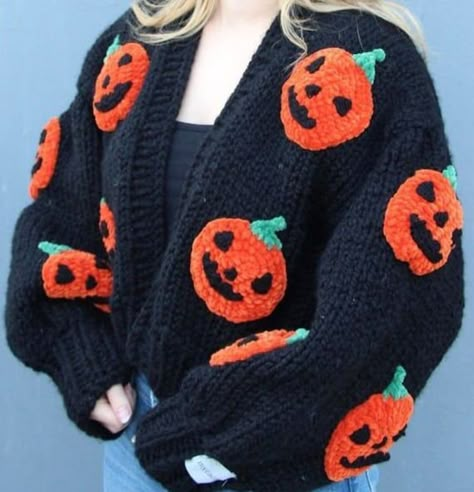 Halloween Cardigan | Handmade Pumpkin Cardigan | Halloween Gifts | Made to Order. You can choose color. Crochet Halloween Cardigan Pattern, Halloween Knit Sweater, Crochet Halloween Sweater Pattern, Halloween Crochet Cardigan, Crochet Projects Halloween, Crochet Halloween Cardigan, Halloween Crochet Clothes, Halloween Crochet Sweater, Fall Crochet Clothes