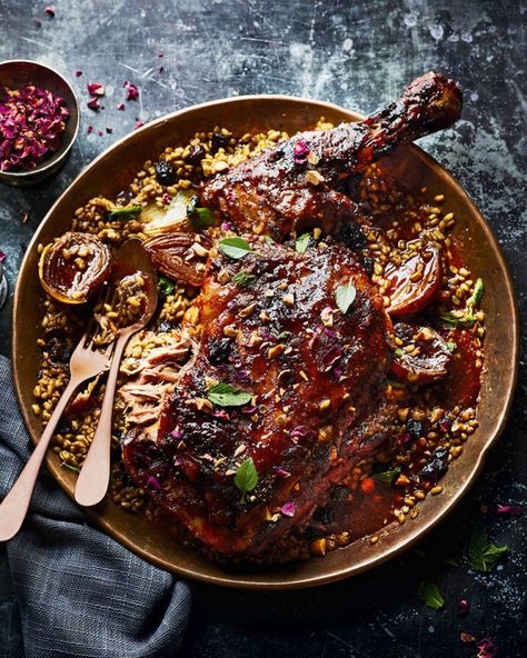 Moroccan-spiced lamb shoulder with onions and freekeh recipe | delicious. Magazine Bombay Chicken, Freekeh Recipes, Braised Lamb Shoulder, Bonfire Night Food, Peanut Stew, Braised Lamb, Tesco Real Food, Lamb Dishes, Tandoori Masala