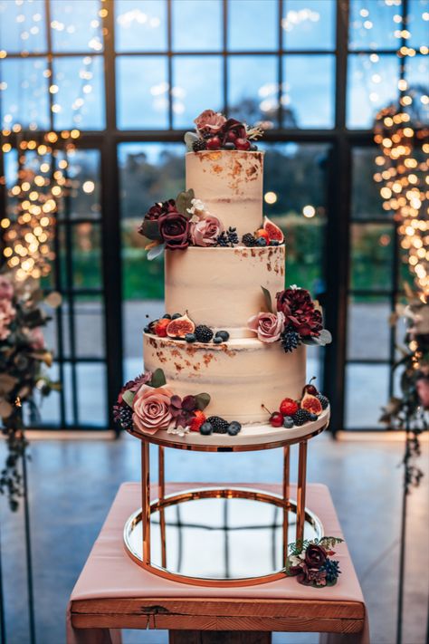 Semi-naked wedding cake with edible gold leaf, fresh fruit and silk flowers. Photo by Adam Grills Photography at Hidden River Barn October 2022. Semi Naked Wedding Cake, Jazz Wedding, Semi Naked Cake, Carlisle Cumbria, Cake Inspo, Wedding Cake Rustic, Elegant Wedding Cakes, Bespoke Wedding