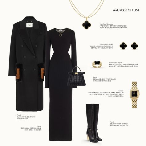 divine feminine — what do you think of this look? comment below! In this look: Coat, Bag and Boots: Fendi | Dress: Éterne Jewellery:… | Instagram Cocktail Waitress Outfits, Van Cleef Arpels Watch, Fendi Outfits, Summer Work Wardrobe, Luxurious Clothes, Diverse Fashion, Outfit Elegantes, Fendi Dress, Classy Work Outfits