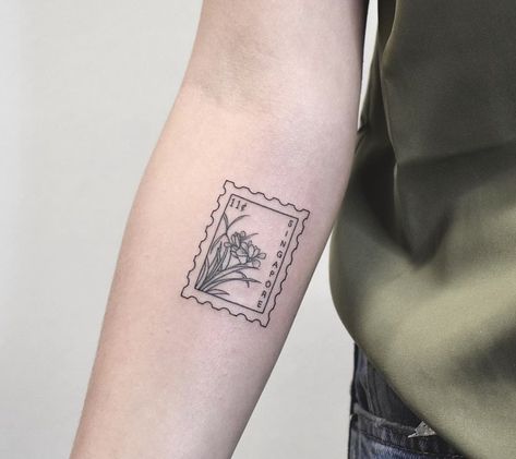 Pen Pal Tattoo Ideas, Marigold Postage Stamp Tattoo, Postage Tattoo Ideas, Sister Stamp Tattoo, Mexico Postage Stamp Tattoo, Postal Tattoo Ideas, French Stamp Tattoo, Arizona Postage Stamp Tattoo, Postal Stamp Tattoo Ideas