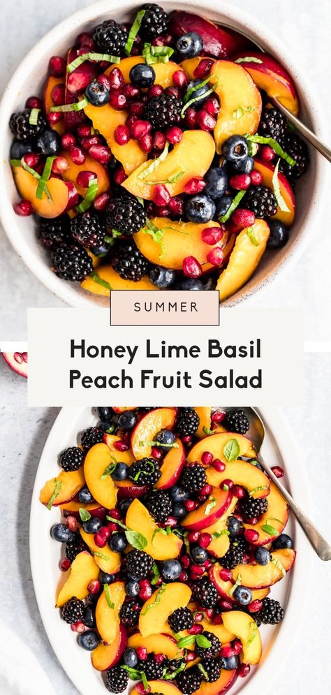 Gorgeous honey lime basil peach fruit salad made with fresh peaches, blackberries, blueberries and pomegranate. This summer peach fruit salad recipe is lightly tossed with honey, lime juice, and fresh basil leaves for a fresh side dish that's perfect for bbq's and parties! #fruitsalad #sidedish #peachrecipe #peaches #blueberries #blackberries Peach Fruit Salad, Peach Recipe, Lime Basil, Fruit Salad Recipes, Summer Side Dish, Fruit Salad Recipe, Fresh Peaches, Peach Fruit, Honey Lime