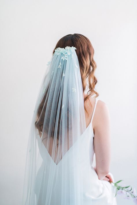 Blue Flower Veil, Light Blue Veil, Light Blue Wedding Veil, Blue Wedding Veil, Aladdin Wedding, Veil Inspiration, Non White Wedding Dresses, Baby Blue Weddings, Bridal Veils And Headpieces