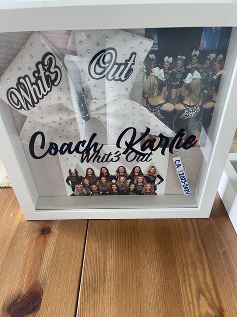 Senior Night Gift Ideas Cheer, Cheer Coach Christmas Gift Ideas, Cheer Gift Ideas For Team, Senior Cheer Gifts Ideas, Senior Night Cheer Gifts, End Of Season Cheer Gifts For Team, Cheer Shadow Box Ideas, Cheer Senior Gifts, Gifts For Cheer Coaches