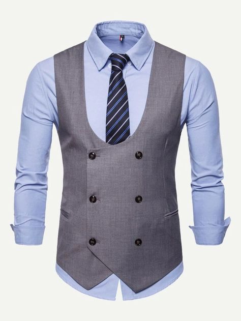 Men Double Breasted Pointed Hem Waistcoat | SHEIN USA Suit Vest For Men, Mens Dress Vests, Mens Formal Vest, Men Business Casual, Mens Vest Casual, Men Moda, Chaleco Casual, Double Breasted Vest, Formal Vest