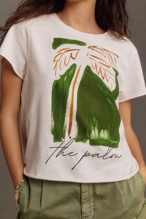 LouLou Avenue Palm Tree Graphic Tee | Anthropologie One Color Painting, Tshirt Reference, Palm Tree Graphic, Hawaii Shirts, Graphic Shirt Design, Tshirt Painting, Holiday Graphics, Tree Woman, Slogan Tshirt