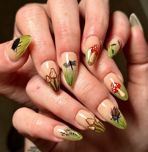 Oddity Nails, Beetle Nail Art, Toadstool Nails, Nordic Nails, Wildlife Nails, Goblincore Nails, Woodland Nails, Bug Nail Art, Bug Nails