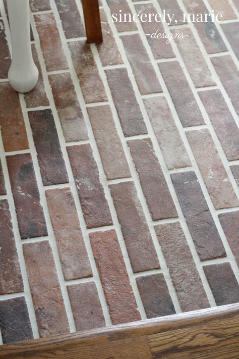 DIY Faux Brick Flooring - Sincerely, Marie Designs Diy Stone Floor, Faux Brick Flooring, Faux Brick Tiles, Brick Tile Floor, Diy Brick Wall, Diy Kitchen Backsplash, Tiled Floor, Brick Paneling, Brick Kitchen