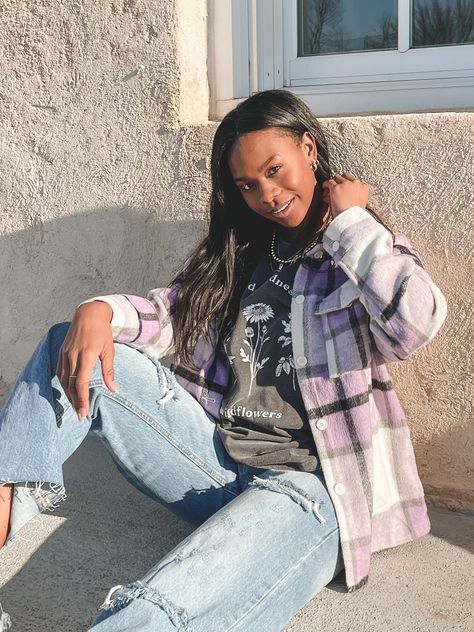 shacket | easter colors | plaid jacket | trening flannel | bonfire attire | trending purple clothing Purple Plaid Jacket Outfit, Purple Plaid Shacket Outfit, Purple Shacket Outfit, Bonfire Attire, Blue Flannel Outfits, Purple Flannel Outfit, Flannel Outfit Women, Plaid Flannel Outfit, Flannel Outfits Aesthetic