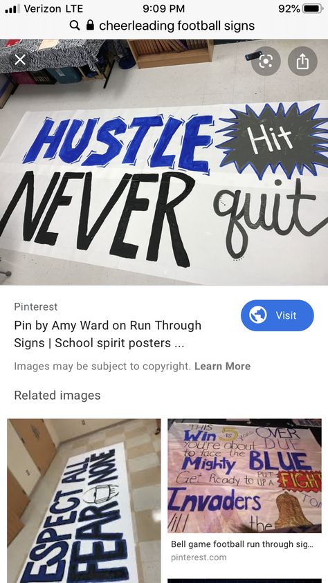 Hustle Hit Never Quit Football, Hustle Hit Never Quit, Cheer Banners, High School Football Playoffs, Spirit Posters, Softball Sign, Football Things, School Spirit Posters, Pep Club