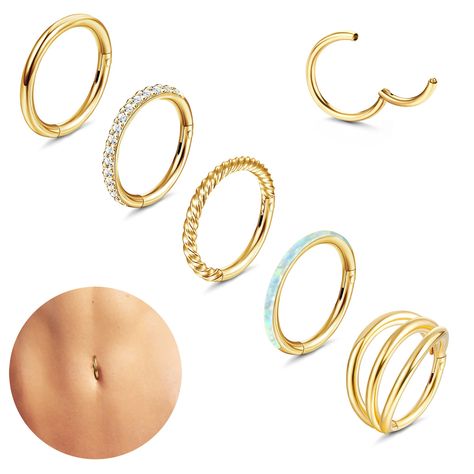 PRICES MAY VARY. 🌻【HOOP BELLY BUTTON RINGS】You will get 5pcs belly ring hoops in different designs, including 1pc simple belly button ring, 1pc opal belly button ring, 1pc CZ belly button ring, 1pc twisted belly button ring, 1pc triple hoops belly button ring. Stylish and classic belly piercing, make you more charming and fashionable! 🌻【NAVEL RING HOOP SIZE】Gauge:14G(1.6mm), inner diameter:10mm, color:gold tone. These belly hoops are hinge segment design, easy to open and close, suitable for w Hoop Belly Button Ring, Belly Ring Hoop, Belly Piercing Jewelry, Navel Ring, Button Rings, Belly Piercing, Button Ring, Navel Rings, Belly Ring