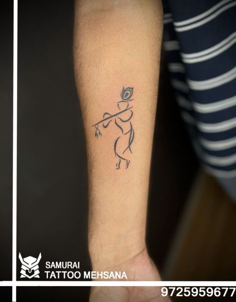 Kanha Ji Tattoo Design, Krishna Simple Tattoo, Dwarkadhish Tattoo Designs, Krishna Tattoos Women, Sanatan Tattoo Ideas, Krishna Ji Tattoo, Bharatnatyam Tattoo, Radhakrishna Tattoo, Krishna Tattoo Small For Women