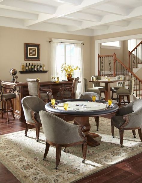 Formal Living Room Alternative, Library Lounge, Game Table And Chairs, Card Table And Chairs, Long Narrow Living Room, Room Nook, Game Room Tables, Industrial Room, Parlor Room