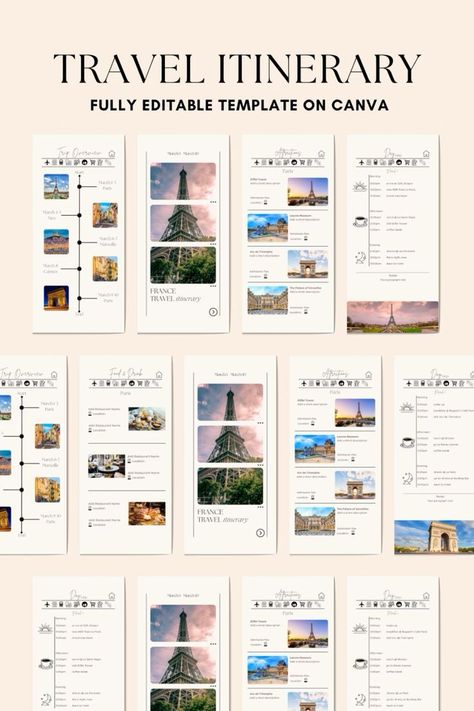 🇫🇷 France Digital Itinerary Template — Your Ultimate Travel Planner to Exploring France.🇫🇷 Crafted with the modern traveler in mind, our template offers a seamless and customizable solution for planning your trips. With its user-friendly design and editable features, you can easily tailor the itinerary to suit your specific needs and preferences. Featuring sections for flights, accommodation, attractions, dining, and more, our template provides a comprehensive framework for organizing every Canva Travel Itinerary, Travel Itinerary Design, Business Model Canvas Templates, Trip Itinerary Template, Canvas Templates, Aesthetic Canva Templates, Canva Templates Instagram Post, Itinerary Design, Pubmat Ideas