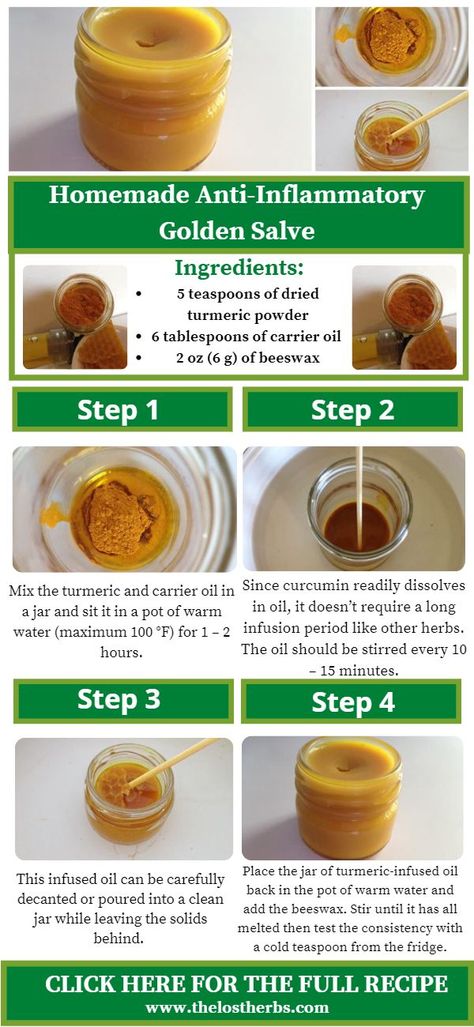 Controlling inflammation is a major component in managing some ailments and diseases. Inflammation causes both mild and severe knock-on effects ranging from an annoying discomfort to serious complications. Finding alternatives to non-steroidal topical creams has led researchers to a number of effective herbal sources which include turmeric, which, as you will read below, easily turns into a DIY anti-inflammatory golden salve. #goldensalve #turmeric #turmericsalve #turmericoil #naturalremedies Turmeric Salve Recipe, Herbal Remedies Recipes, Turmeric Oil, Salve Recipes, Herbal Salves, Inflammation Causes, Herbal Recipes, Anti Inflammation, Infused Oils