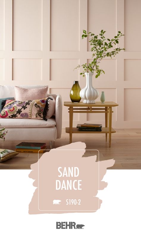 If your interior design style is glam and glitzy, then Behr Paint in Sand Dance is the perfect wall color for you. Just check out this living room for inspiration! Muted shades of blush pink mix with mid-century modern decor to create a feminine space that still feels timeless. Click below for more color details. Sand Dance, Dance Room, Pink Paint Colors, Behr Paint Colors, Interior Design Minimalist, Behr Paint, Room Paint Colors, Bohol, Interior Paint Colors