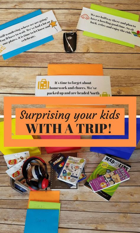 Planning a Surprise trip for your kids? Read about how we surprised our kids with a spring break trip and gave them clues along the way! Vacation Scavenger Hunt For Kids, Trip Surprise Reveal Ideas, Trip Reveal Scavenger Hunt, Surprise Trip Reveal Ideas Kids, Trip Reveal Ideas, Surprise Vacation Reveal, Disney Trip Reveal, Roadtrip Tips, Vacation Board