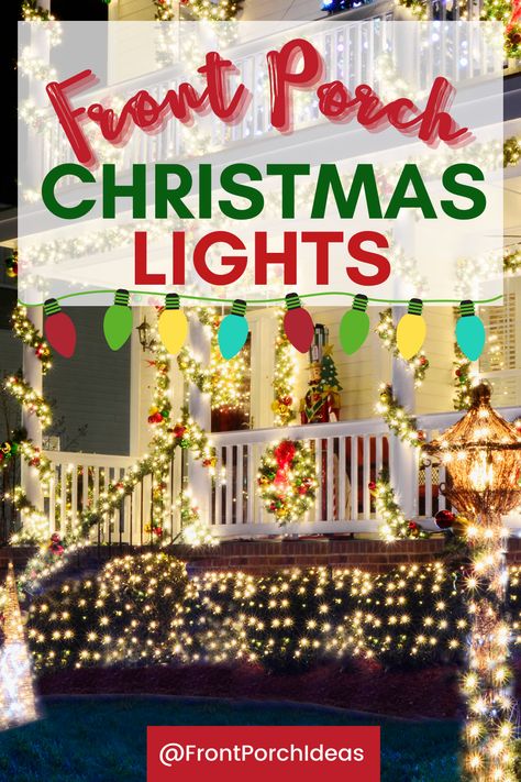 Are you ready to light up your front porch this holiday season? These front porch Christmas light ideas are sure to be a hit in the neighborhood. Get inspired and brighten up your front porch for the holidays! Farmhouse Christmas Lights Exterior Porch, Hanging Christmas Lights On Front Porch, Small Front Porch Christmas Lights, Outdoor Porch Christmas Lights, Christmas Light Porch Ideas, Deck Decorating Christmas, Large Front Porch Christmas Decor, Red Outdoor Christmas Lights, Christmas Lights On Porch Railing