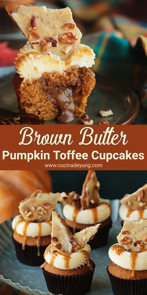 Brown Butter Pumpkin Toffee Cupcakes – CUCINADEYUNG Pumpkin Cupcake Filling, Pumpkin Spice Toffee, Christmas Cupcake Flavors, Pumpkin Toffee, Toffee Cupcakes, Brown Butter Cream Cheese Frosting, Brown Butter Cream Cheese, Thanksgiving Cupcakes, Butter Cream Cheese Frosting