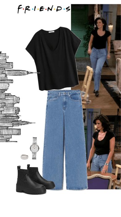 Monica 90s, Monica Outfits, Monica Geller Outfits, Monica Style, New York Drawing, Friends Outfit, Friends Outfits, Rachel Green Outfits, Coffee Tumblr