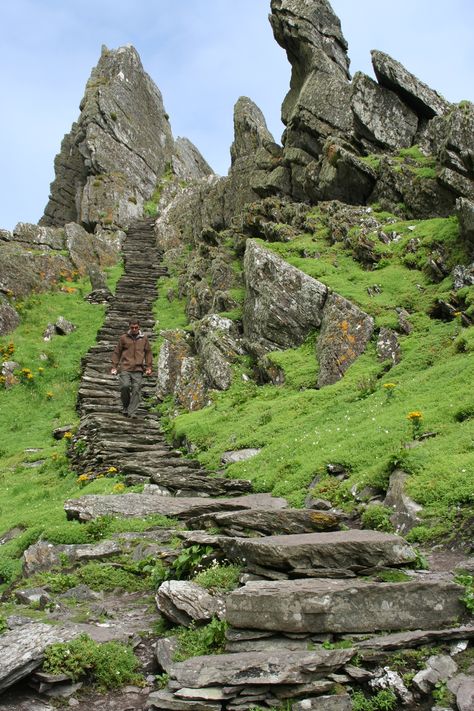 Skellig Michael, a steep, rocky island off the coast of Ireland. Rocks Reference, Interesting Scenery, Environment Studies, Skellig Michael, Rocky Island, International Studies, Coast Of Ireland, Mystical Places, Medieval Village