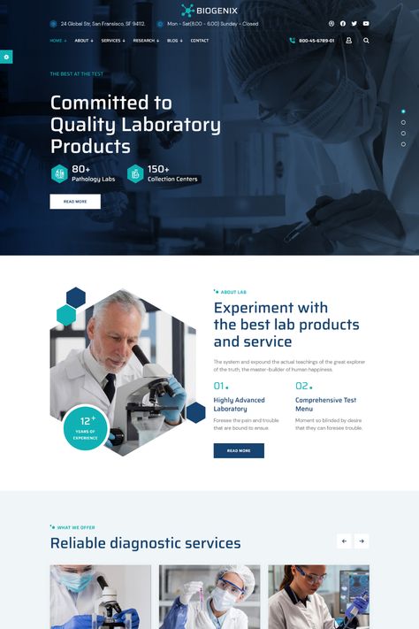 Biogenix is a modern and elegant Science Research & Laboratory WordPress Theme designed for scientists, researchers, and laboratories. It features a clean and professional design, customizable color options, and multiple homepage layouts. The theme also includes a variety of widgets and shortcodes for easy customization, and a powerful admin panel for complete control over your website. Lab Website Design, Scientific Website Design, Pharmacy Web Design, Science Website Design, Biotech Website, Pharmacy Website Design, Healthcare Website Design, Website Styles, Science Websites