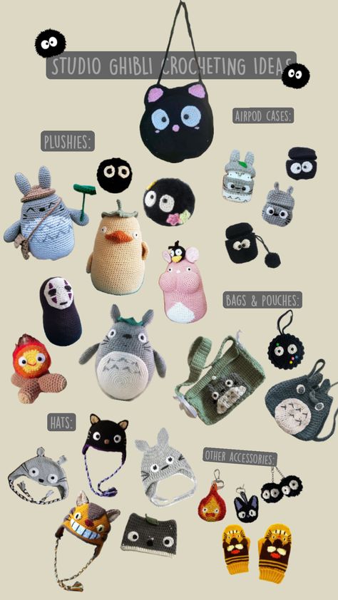 Studio Ghibli themed crocheting ideas! 🌱 #studioghibli #ghibli #crocheting #crochet #knit #knitting #yarn #amigurumi #susuwatari #totoro #sootsprites #diyideas #diy #projectideas #inspiration #cute Crocheting Ideas, Knitting Yarn, Studio Ghibli, Amigurumi, Yarn, Knitting, Crochet