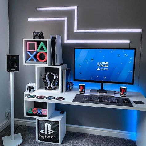 Gaming Room Setup Playstation, Gaming Room Setup Ps5, Ps5 Room Ideas, Ps5 Setup Ideas, Gamer Room Boys Bedroom, Playstation Room Design, Ps5 Setup Bedroom, Playstation 5 Setup, Fortnite Room Ideas For Boys