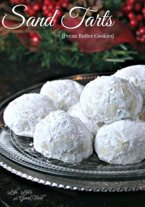 Sand Tarts, tasty little pecan butter cookies coated with powdered sugar. | Life, Love, and Good Food #cookies #recipe #cookieswap Danish Wedding Cookies, Sand Tarts, Salted Caramel Pretzels, Pecan Butter, Chocolate Chip Shortbread Cookies, Salted Caramel Mocha, Easy Christmas Treats, Toffee Cookies, Snowball Cookies