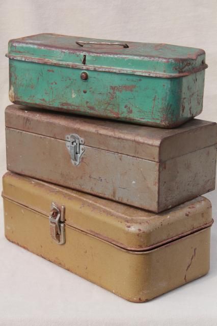 vintage tool & tackle boxes, rustic industrial metal storage box collection Old Tool Boxes, Metal Tool Box, Metal Storage Box, Fishing Tackle Box, Antique Tools, Old Boxes, Metal Storage, Metal Tools, Old Tools