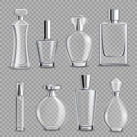 Perfume Glass Bottles Realistic Transparent - Vector EPS Perfume Logo, Bottle Drawing, Perfume Bottle Design, Perfume Packaging, Industrial Design Sketch, Perfume Design, Cosmetic Bottles, Box Mockup, Potion Bottle