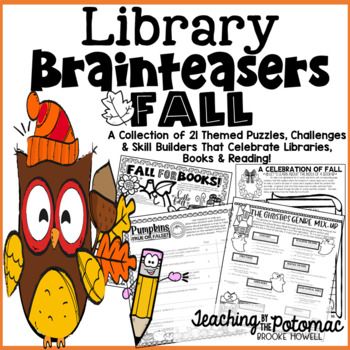 Twenty-one fall-themed brainteasers are included in this fun autumn set for your library! Jam-packed with engaging content that reinforces research, reading, and logic skills, this packet also contains easy low-prep library lesson extension ideas for each activity so that you can s-t-r-e-t-c-h the v... Fall Library Activities Elementary, Library Lessons Elementary Free, Prek Library Lessons, November Library Lessons, Thanksgiving Library Decorations, November Library Activities, Interactive Library Displays, Library Aide, Fun Library Activities