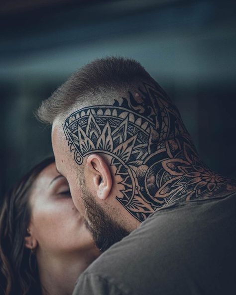 Kalodimas Tattoo, Shore Tattoo, Bald Tattoo, Back Of Neck Tattoo Men, Sake Tattoo, Patterns Photography, Geometric Mandala Tattoo, Mandala Tattoos, Scale Tattoo