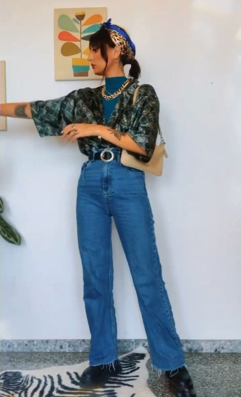 Retro Going Out Outfits, Artistic Style Outfit, Vibrant Style Outfits, Eclectic Outfits Midsize, Midsize Rocker Chic, Painted Pants Outfit, Soft Rock Aesthetic Outfits, Maximalist Outfits Vintage, Eclectic Chic Fashion